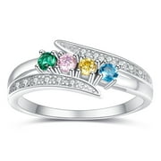 JQUEEN Women's Personalized 925 Sterling Silver Mothers Ring with 4 Simulated Birthstone Promise Rings Customized Engagement Rings for Women Size 5-12